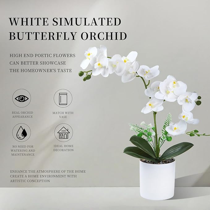 2 Pcs White Fake Orchids Orchid Orchidwith Pot Bendable Shape Washable Orchid Phalaenopsis for Decorate Office Desktop Decoration Bathroom Wedding Dining Table Office Decorations