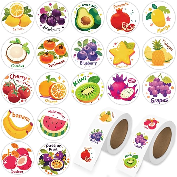 1000 Pcs Fruit Stickers Bulk 2 Roll 1 Inch,Food Pineapple Banana Mango Watermelon Strawberry Sticker Pack Gift for Party Favors Book Water Bottles Laptop,Vegetable Stickers for Kids Boys Girls School