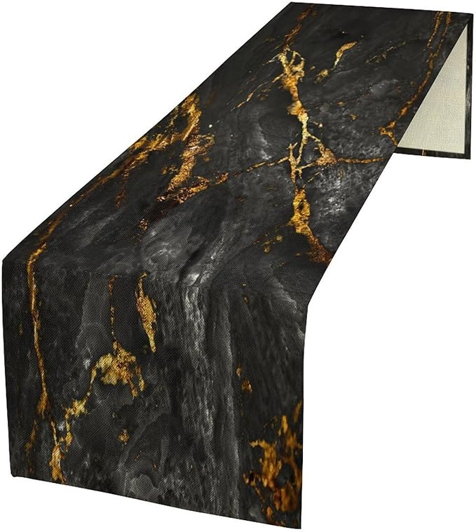 Black Grey Marble Table Runner Abstract Black Grey Gold Veins Marble Pattern Seasonal Dinner Runner Table Decoration for Farmhouse Home Kitchen Dining Holiday Party 13x36in