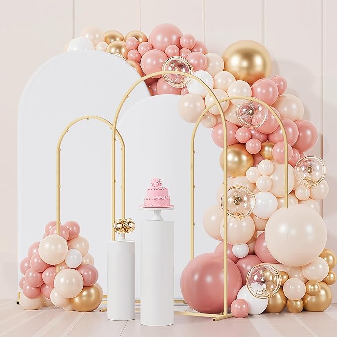 Set of 3 Metal Arch Backdrop Stand with Cover Set, (7.2FT, 6.6FT, 6FT Wedding Arch and Cover Set), Backdrop Arch for Party, Baby Shower, Birthday, and Graduation Ceremony