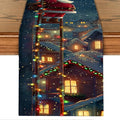 Christmas Table Runner– Festive Santa Claus Climbing Ladder Design with Holiday Lights & Snowy Village, Winter Table Decoration for Dining Table, Kitchen, Party & Home Décor