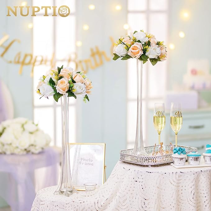 NUPTIO Artificial Flower Centerpieces for Tables: Peachy Champagne & White Flower Ball Arrangement for Wedding Party - 2 Pcs 9.5 Inch Diameter Floral Rose for Bridal Shower Decor