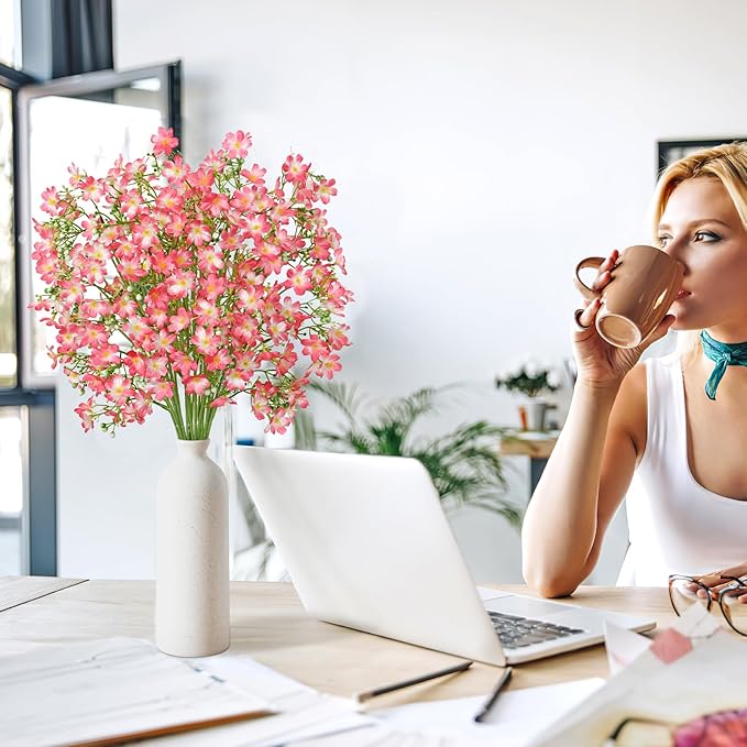 Artificial Flowers 8PCS Silk Flowers with Long Stems, Fake Flowers Bulk Fake Babys Breath, Pink Flowers for Tall Vase Outdoor Garden Wedding Party Home Table (Pink, 8PCS)