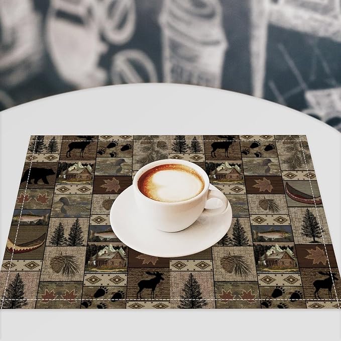 Retro Rustic Bears Deers Lodge Placemats Set of 6, Vintage Cabin Country Farmhouse Style Place Mats, Heat Resistant Non Slip Cotton Linen Dining Table Mats for Home Kitchen Party 18x12 Inch