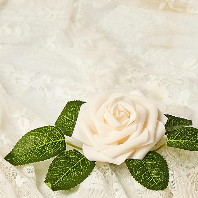 Artificial Flowers, 25pcs Creamy Yellow and Ivory Artificial Rose for DIY Wedding Bouquets Centerpieces Arrangements, Fake Flower with Stems for Party Home Decorations