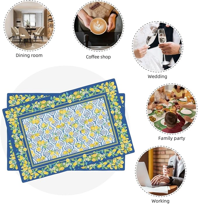 Lemon Placemats Set of 6, Farmhouse Blue Yellow Fruits Spring Summer Double-Sided Table Mats for Kitchen Dining Room Home Party Indoor Decor 6 PCS 12x18 Inch