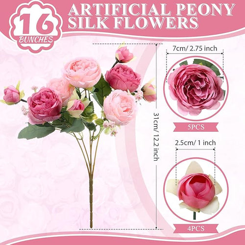 16 Bundles Artificial Peonies Silk Peonies Faux Flower Bouquet Fake Peony Flower Arrangements Table Centerpieces for Vase Wedding Party Boho Home Office Decoration Bulk (Rose Red, Pink)