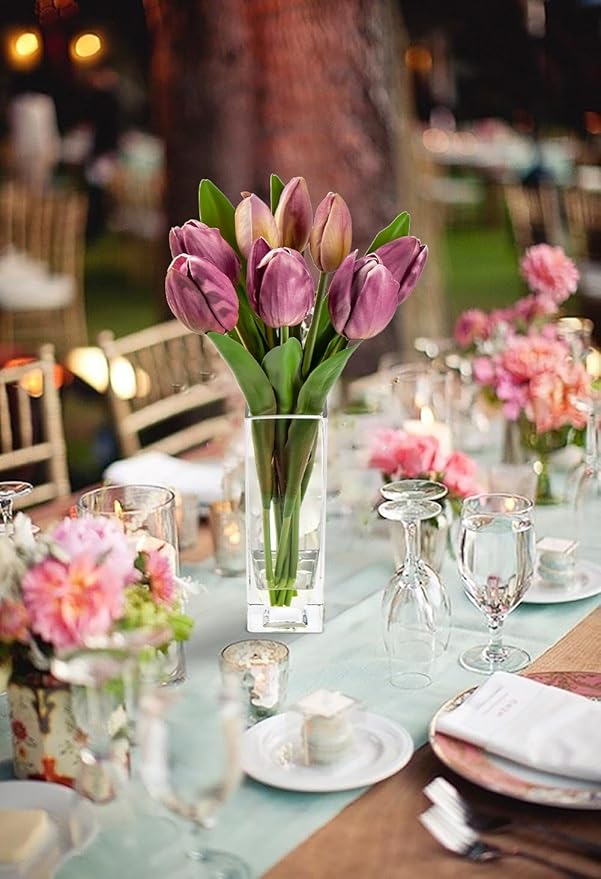 Briful Fake Flowers Artificial Tulip Flower Purple in Clear Vase, Real Touch EVA Tulip Arrangement Suitable for Home Office Fall Decoration, Dining Table Centerpiece