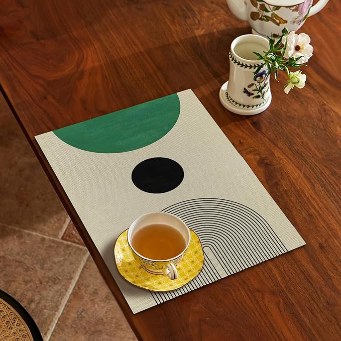 Boho Placemats Set of 4, Modern Minimalist Green and Black Circles Placemats, Boho Mid Century Modern Table Mats Place Mats for Kitchen Dining Table Decoration 16.9x11.4 Inch