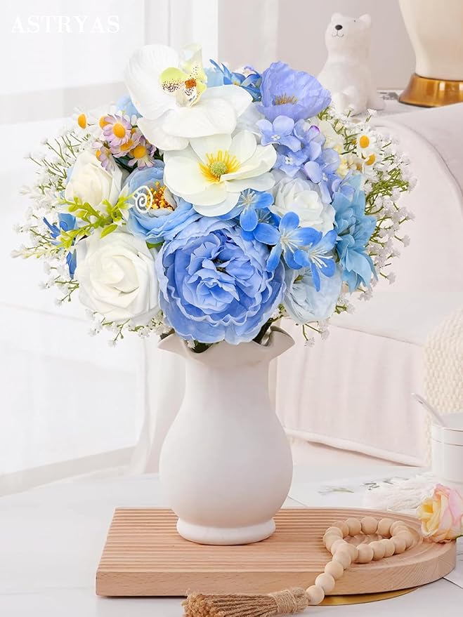 ASTRYAS Blue Artificial Flowers Combo Box Set, Baby Blue Silk Peonies Dahlia Roses with Stems for DIY Bridal Wedding Bouquets Baby Shower Floral Arrangements Centerpiece Table Party Home Decorations