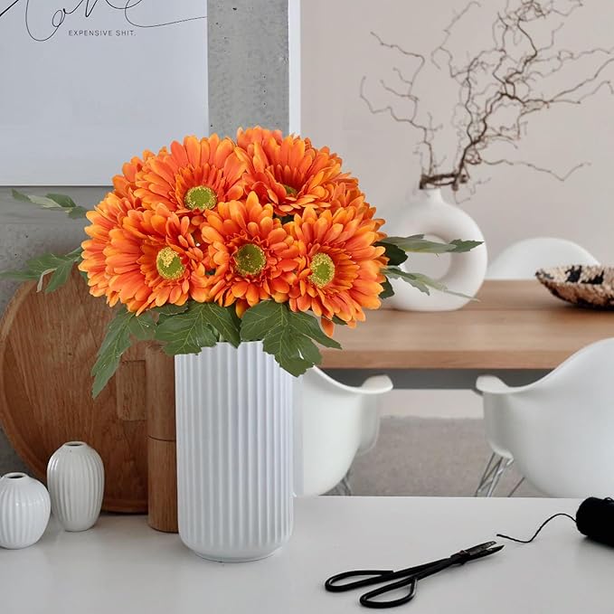 IPOPU 2 Bundles Fall Artificial Gerbera Daisy Flowers 14 Heads Orange Fake Daisy with Stems Faux Silk Daisy Flowers for Wedding Bridal Bouquet Party Floral Arrangements Home Decoration (Orange)
