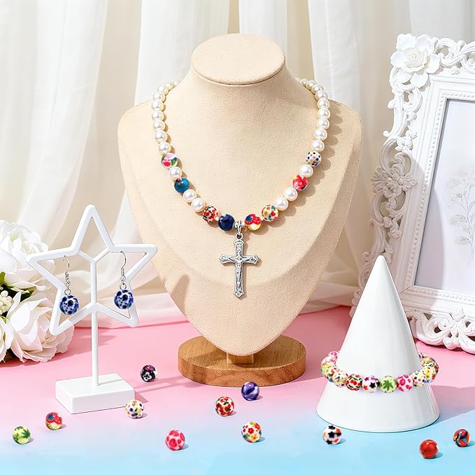 100 PCS 10mm Resin Beads Bulk for Bracelet Making Kit, Colorful Five-Pointed Star Printed White Round Loose Beads for Jewelry Earring Necklace Rings Art Craft DIY Projects
