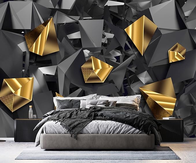 PYFFYP- 3D Grey and Gold Geometric Wallpaper Wall murals for Bedroom(Not Peel and Stick)