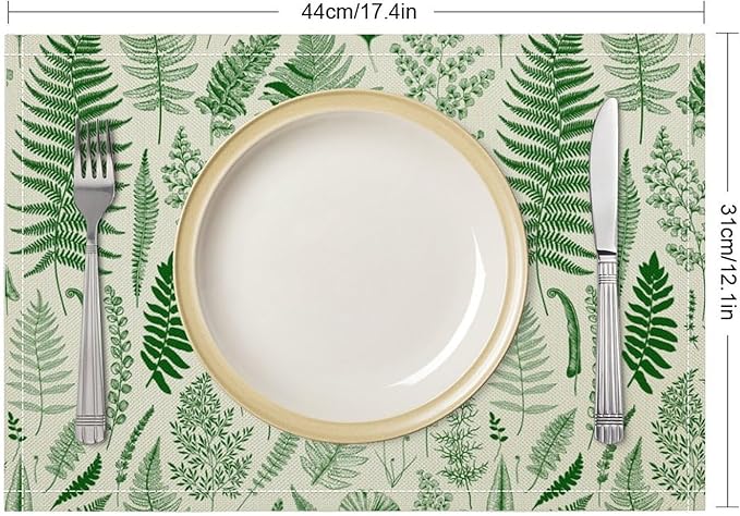 Vintage Leaves Placemats Set of 6, 17x12 Inch Green Boho Abstract Aesthetic Tropical Botanical Leaves Modern Art Printed Table Mats for Home Party Kitchen Dining Decor