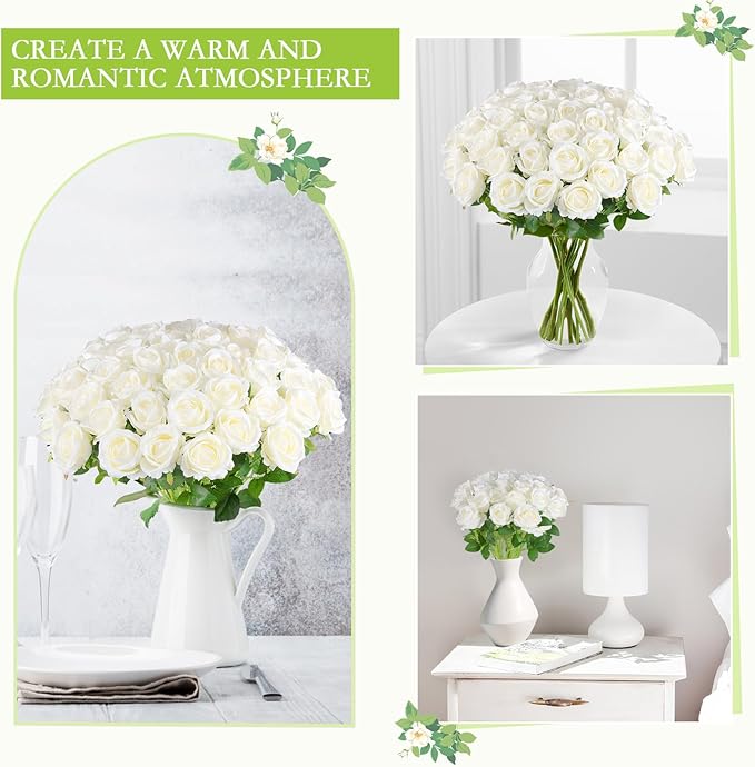 Hananona Artificial Roses in Bulk, Fake Silk White Roses Realistic Roses for Wedding Centerpieces Flower Arrangement Home Decor (100, White)