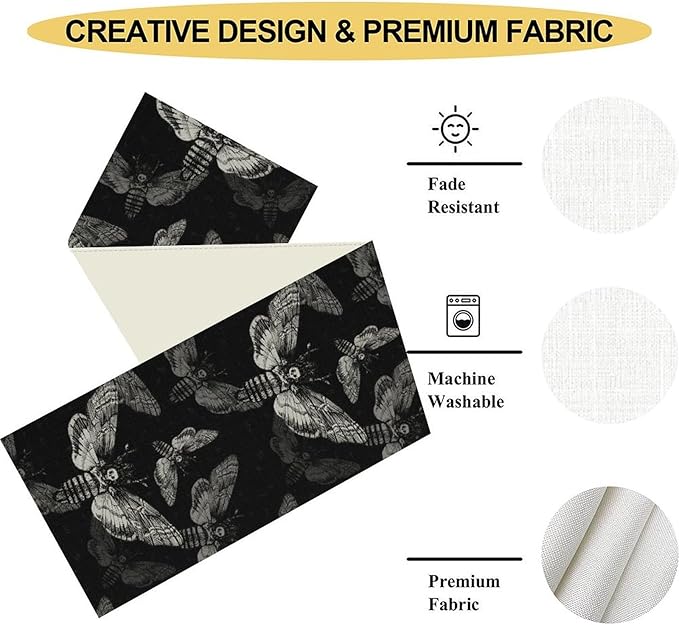 Gothic Moth Table Runner, Boho Gothic Mystical Witchy Skull Retro Farmhouse Coffee Table Center Decor for Home Kitchen Dining Patio Holiday Party Table Decorations 13x108 inches