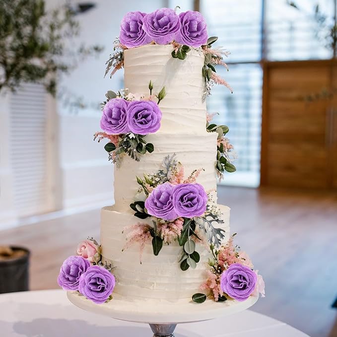 30PCS Purple Glitter Roses Artificial Flowers Fake Roses with Stems for Wedding Bouquet Party Christmas Home Decor(Purple)