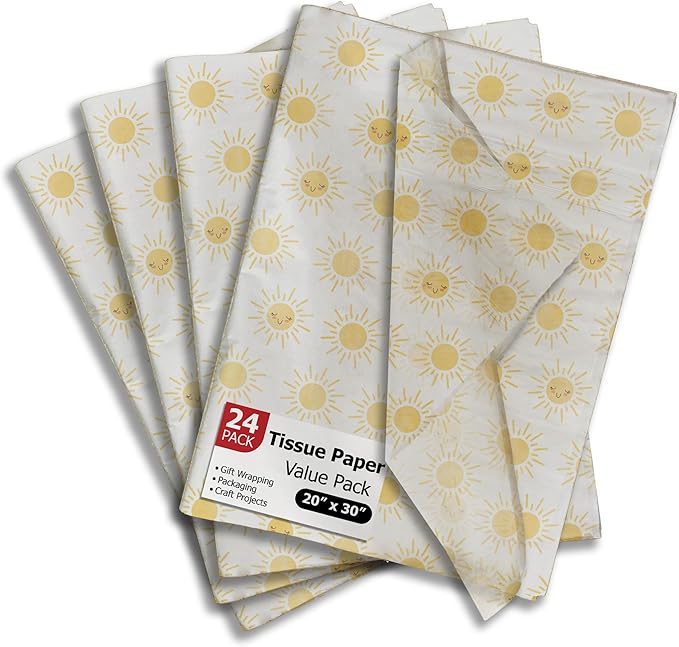 Pro Supply Global Suns Printed Tissue Paper for Gift Bags or Boxes and Wrapping - Summer Sunshine Bulk Decorative Art Tissue Paper for Packaging and Gifting | 24 Sheets 20" x 30"