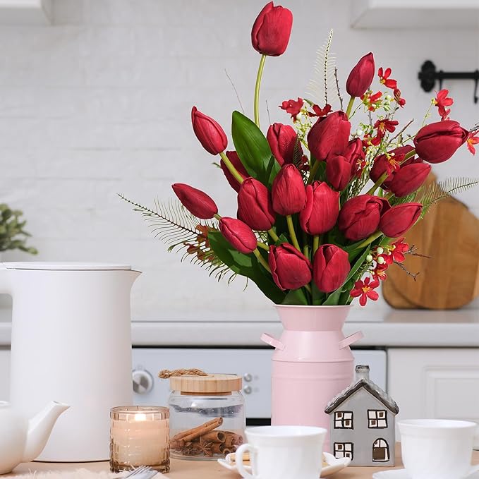Real Touch Artificial Tulips, 20pcs Fake Tulip Flowers Stem, PU Faux Tulips 19.7” for Mother's Day, Home Decor, Wedding, Easter Valentine's Gift, Table Centerpiece, Floral Arrangements, Red