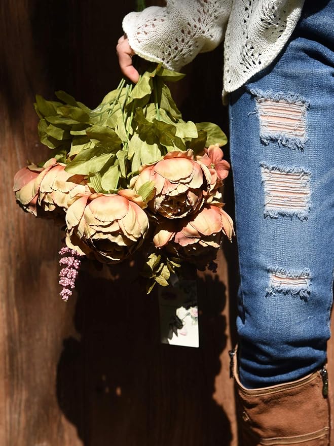 FiveSeasonStuff Vintage Artificial Peonies Silk Peony Flowers and Hydrangeas for Wedding Bridal Home Décor – Beautiful Floral Centerpiece Arrangement with 2 Bouquets (Mixed Pale Pink and Tawny Brown)