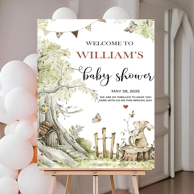 Personalized Baby Shower Welcome Sign Outdoor, Rabbit And Butterfly Party Sign Decorations, Moder Baby Shower Sign With Stand
