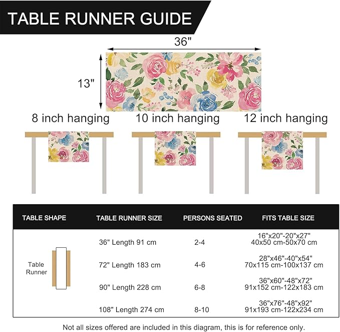 Seliem Spring Summer Watercolor Flower Table Runner, Peony Floral Kitchen Dining Table Decor, Seasonal Burlap Home Decoration Indoor Outdoor Party Supply 13 x 36 Inches