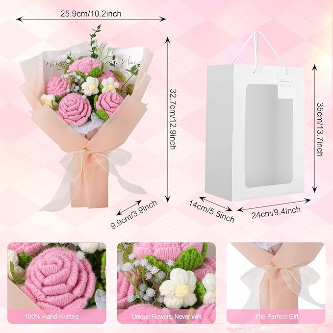 Crochet Flowers Bouquet, Handmade Knitted Rose Bouquet with Gift Bag for Home Deocor, Crocheted Finished Flower for Wedding, Mother's Day, Teachers' Day and Valentine's Day, Pink White
