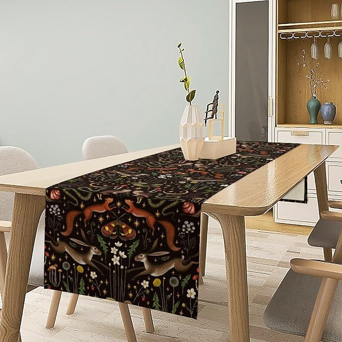 Rustic Forest Table Runner, Fairy Tale Forest Woodland Wild Animals Moths Flowers Table Runner for Farmhouse Cottage Kitchen Dining Table Decor Indoor Outdoor Party, 13x90inch