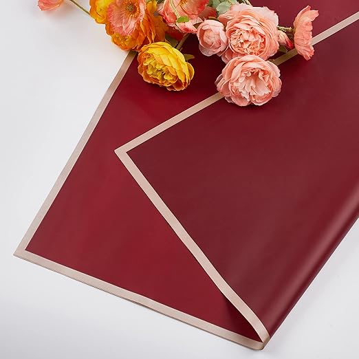 Jutieuo 20 Sheets Burgundy Flower Wrapping Paper, Waterproof Floral Wrap Gold Edge Bouquet Wrapping Paper Florist Supplies (22.8 x 22.8 inch)