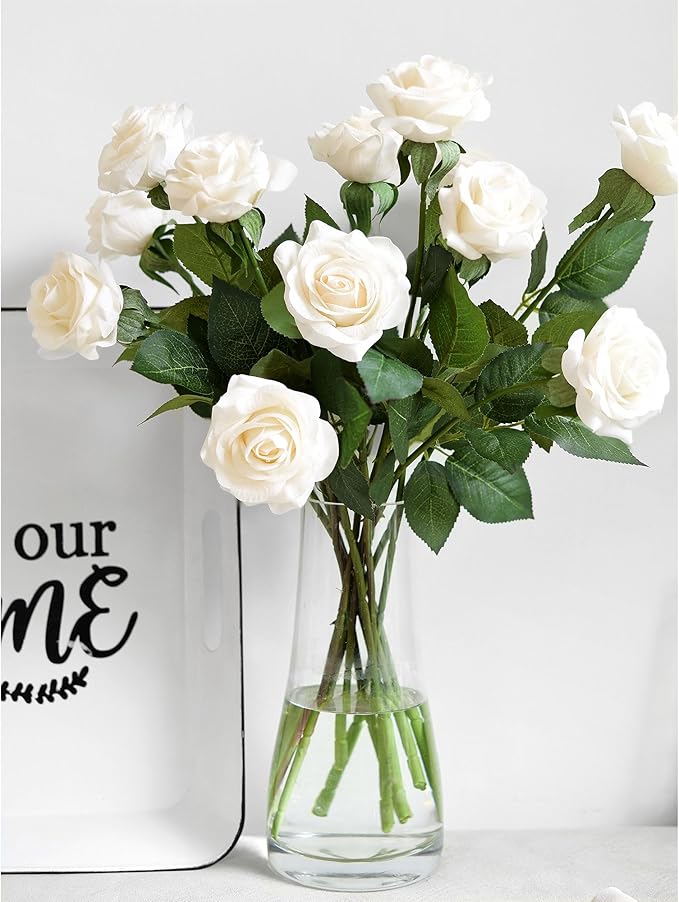 FiveSeasonStuff Light Champagne Artificial Roses Real Touch Silk Flowers with 12 Stems Wedding Bridal Bouquet Home Décor
