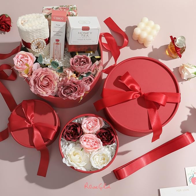 ROSEGLD Round Gift Boxes with Lids Set of 4, Luxury Gift Boxes with Ribbons Assorted Sizes, Nesting Gifts Boxes for Flowers Arrangements, Wedding, Party (Matte Red)