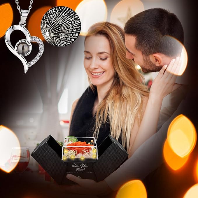 Preserved Orange Real Rose-Eternal Flowers Rose Gifts for Mom Grandma Wife Girlfriend on Mothers Day Birthday Valentines Christmas Anniversary Romantic Gifts for Her with I Love You Necklace