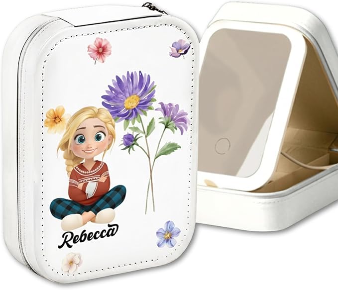 Wrappiness Girls & Women Lovely Makeup Box With LED Mirror - Personalized Jewelry Box Organizer Portable Ideal for Travel, Gift for Daughters Sisters Friends (Birth Month Flower, Teen Girls)