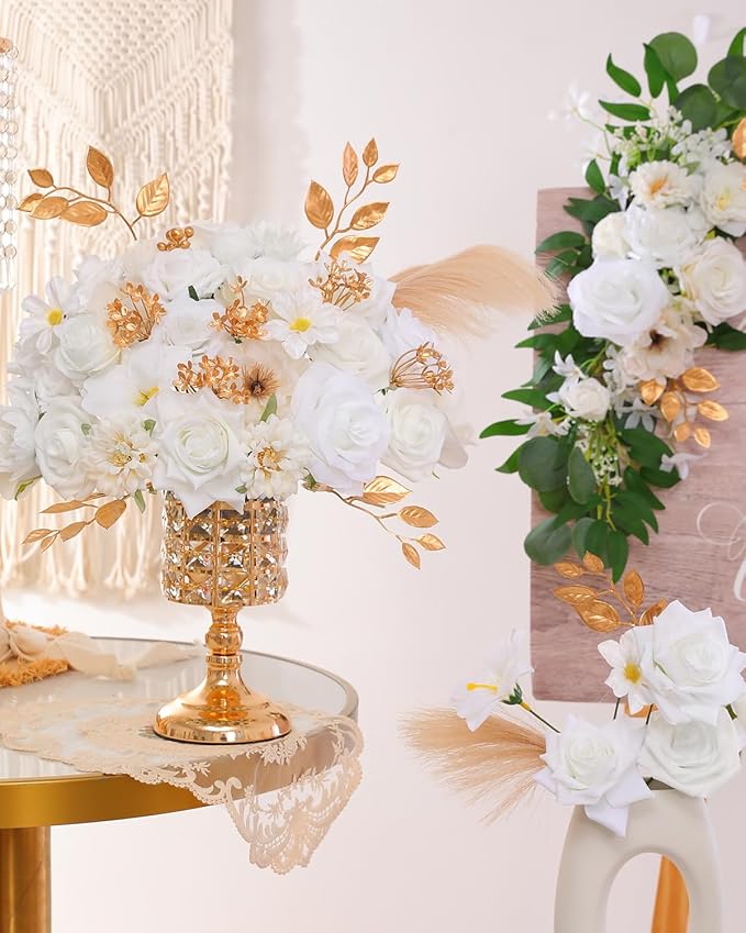 Senseya Artificial Flowers Combo, Milk White Silk Roses, Peonies, Dahlias with Stems for DIY Wedding Bouquets, Baby Shower, Table Centerpieces, Home Decor, Fake Floral Arrangements, Party Decorations