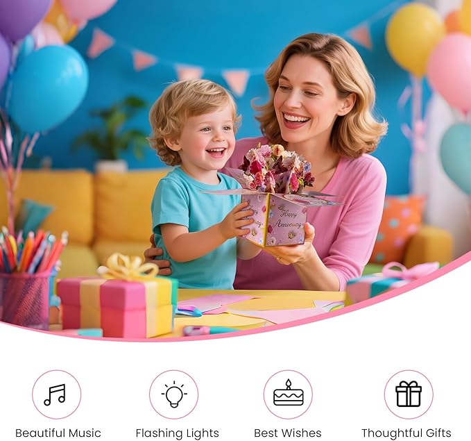 3D Anniversary Pop Up Cards with Music, Romantic LED Light 3D Flower Gift Box, Handmade Foldable Greeting Cards Box with Envelope for Anniversary,Festivals & Special Occasions