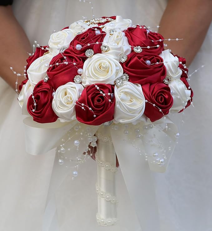 Bridal Wedding Bouquet Round Bling Brooch Bouquet Throw Toss Artificial Rose Flower Bunch for Bride Bridesmaid Wedding Quinceanera(Ruby Red & Ivory, 6.3")