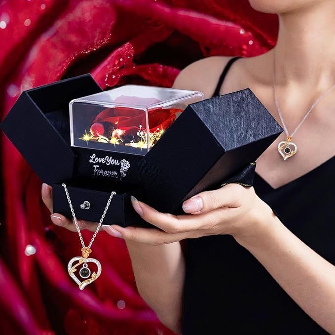 Preserved Real Red Rose with I Love You Necklace for Women, Wife, Girlfriend, Mom, Grandma Romantic Gift for Anniversary, Birthday, Valentine's Day, Mother's Day