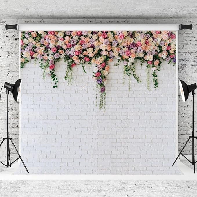 10X10FT White Brick with Flowers Backdrop Occasions Mother's Day Wedding Bridal Shower Birthday Party Banner Background Supplies DH-357