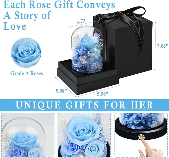 FIACO Preserved Flowers Rose Gifts for Women, Birthday Gifts Eternal Rose in Glass Dome Long-Lasting Real Forever Flowers Gifts for Mom Grandma Wife Girlfriend