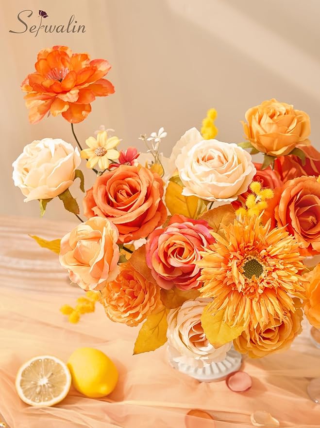 Serwalin Artificial Fall Flowers, Orange Silk Fake Flowers with Stems, Autumn Sunflower Faux Flowers for Wedding Bridal Baby Shower Party DIY Craft Home Cake Decoration