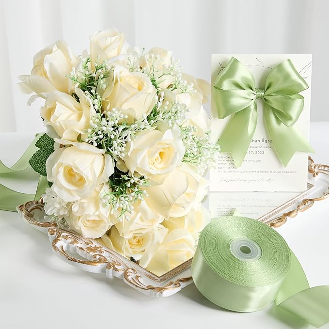 1-1/2 Inches 50 Yards Sage Green Satin Ribbon, Solid Fabric Ribbon Roll for Flower Bouquets, Gift Wrapping, Wedding, Handmade Crafts