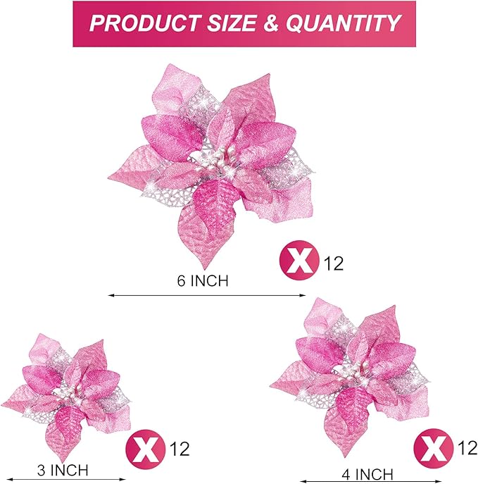 WILLBOND 36 Pieces Christmas Poinsettia Glitter Faux Flowers Christmas Artificial Flowers Tree Ornaments Topper Xmas Decorations(Pink)