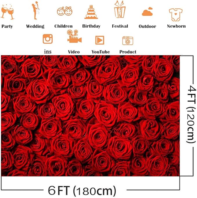 Avezano Valentine's Day Backdrop Rose Flower Wall Photo Background Red Rose Wedding Bridal Shower Photography Backdrop Mother's Day Birthday Party Dessert Table Banner (6x4ft)