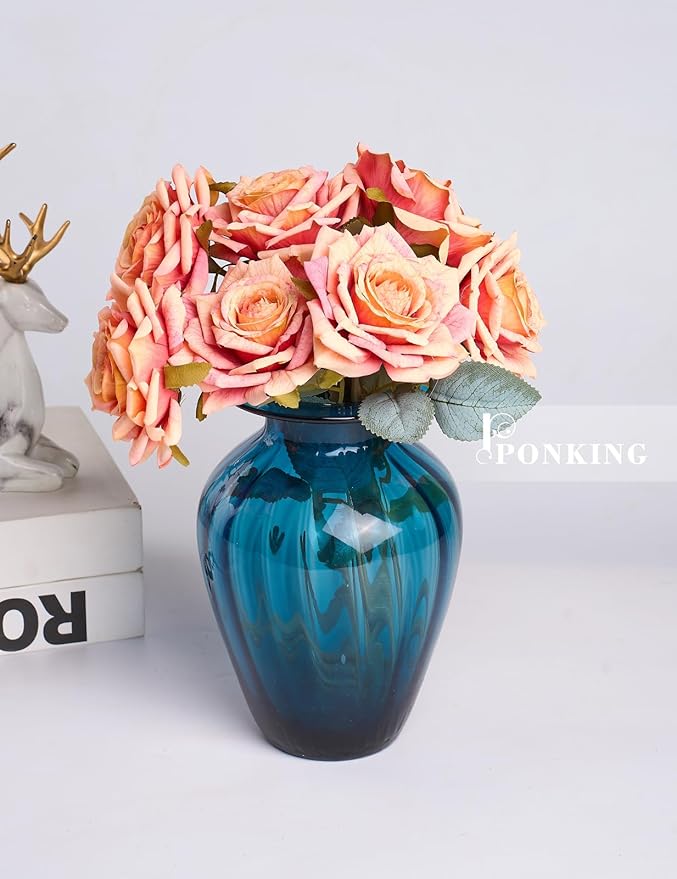 3.1"(8cm) Manta Rose Artificial Flower 7pcs Realistic Faux Silk Roses Fake Flowers Bouquets Arrangements Decor for Wedding Spring Mother's Day, Home Table Decorations, Orange Flower