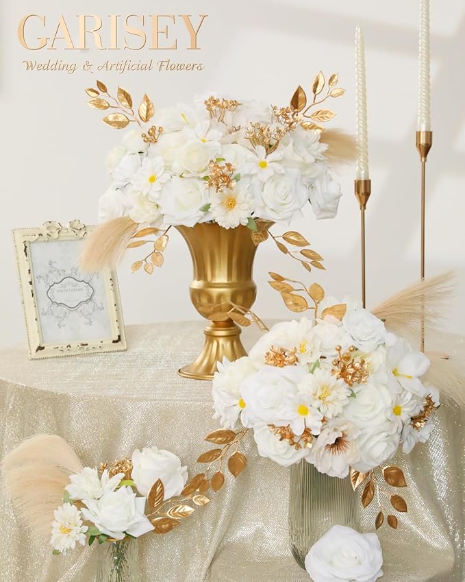 Artificial Flowers Combo, Mix Silk Flowers Roses, Peonies, Dahlias with Stems for DIY Wedding Bridal Bouquets, Baby Shower, Table Centerpieces, Home Decor, Fake Floral Arrangements-White