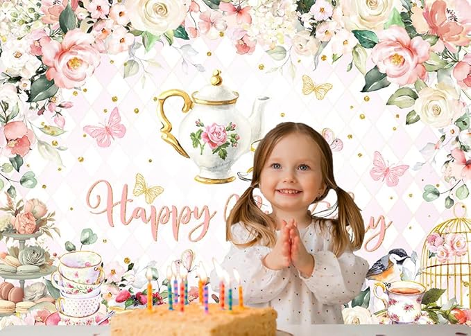 Mocsicka Tea Party Happy Birthday Backdrop Floral Dessert Tea Party Birthday Decorations Let's Partea Women Tea for Two Birthday Party Photo Props(7x5ft)