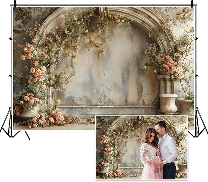15x8ft Vintage Floral Backdrop for Wedding Old Medieval Building Wall Pink Roses Flowers Photography Banner for Bridal Shower Birthday Mothers Day Womens Day Girls Women Maternity Portrait