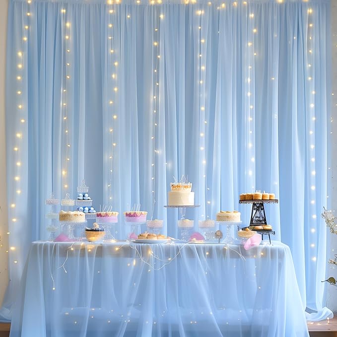 20ft x 10ft Blue Backdrop Curtain with Lights String for Parties, Sheer Tulle Wedding Photo Backdrops Drapes for Baby Shower Birthday Party Decorations Background for Photography