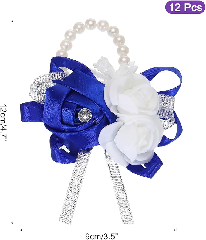 MECCANIXITY 12Pcs Wrist Corsage Artificial Flower Bracelets Rose Wrist Bride Groom Decorative for Wedding Ceremony Prom Party Anniversary Dark Blue