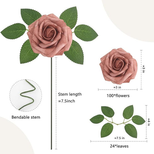 100PCS Warm Taupe Artificial Flowers Roses Real Looking Foam Fake Roses with Leaves for DIY Wedding Bouquets Bridal Shower Party Decorations (Warm Taupe, 100)